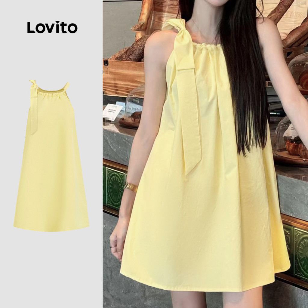 Lovito Casual Vestido com Cordão Primavera/verão Amarelo para Mulheres L166AD335