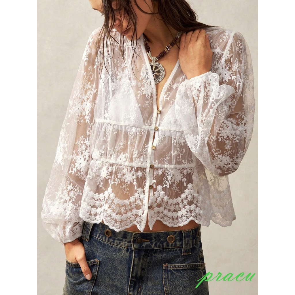 [Pracu] Blusa Feminina De Renda Bordada Floral Com Decote Em V Manga Comprida Bufante Top Peplum De Malha Transparente