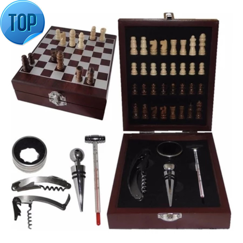 De Abridor Kit Vinho 4 Peças Maleta E Jogo Xadrez De Madeira