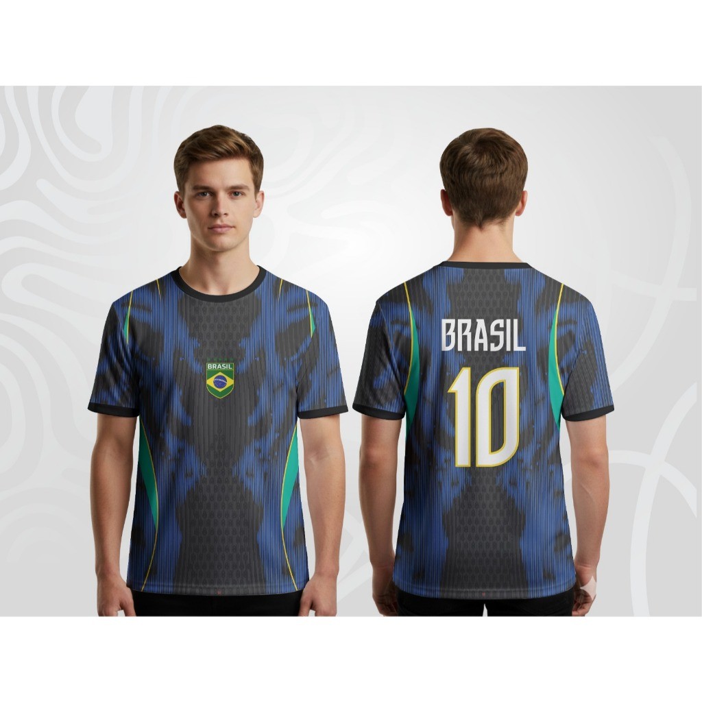 Camiseta Brasil Preta Azul Nº10 Uniforme Futebol Sublimado Premium Masculino/Unissex
