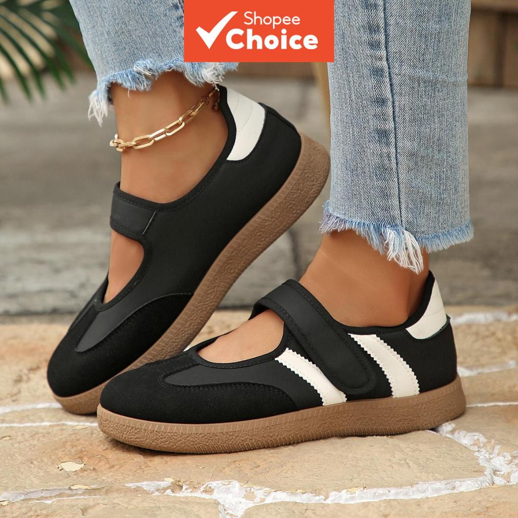 Tênis feminino preto e branco estilo Mary Jane, sapato casual com velcro