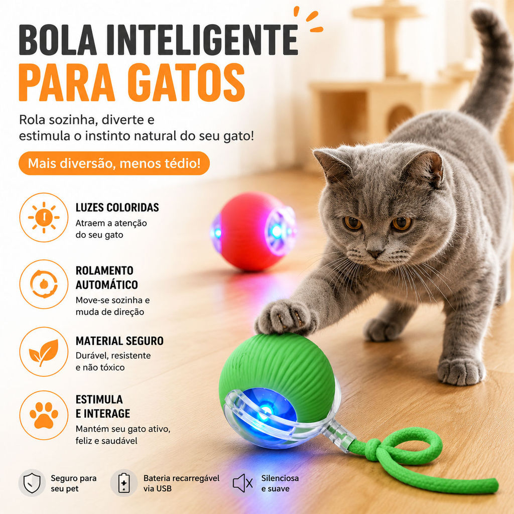 Brinquedo Interativo para Gatos Bola LED com Cordão Movimento Automático Diversão e Exercício