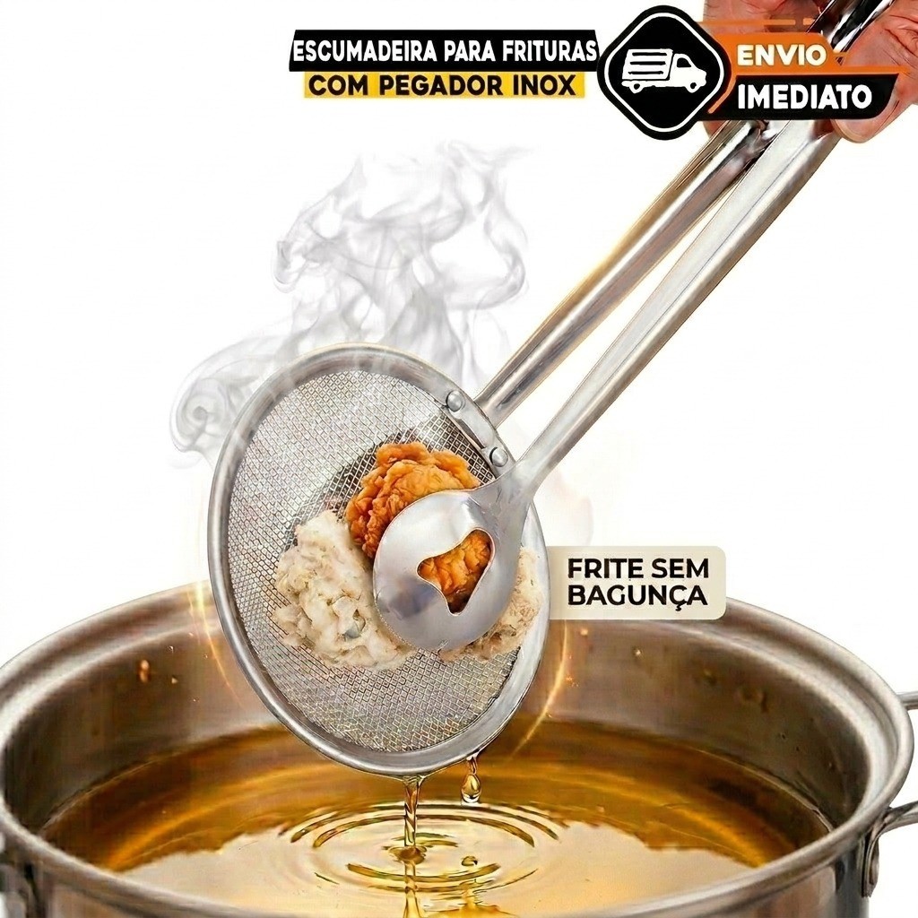 Escumadeira com Pegador Escorredor para Frituras em Inox envio imediato.