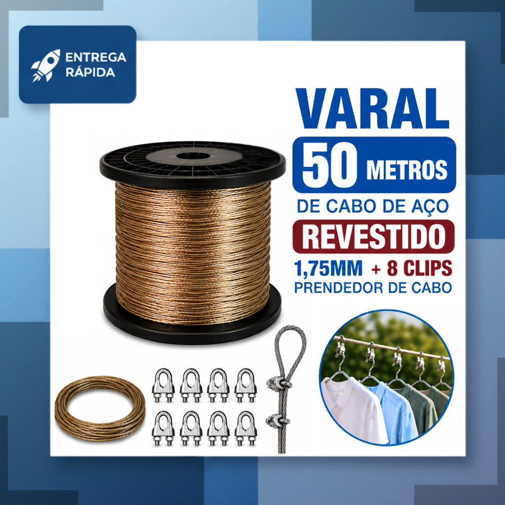 Kit Varal 50 Metros de Cabo de Aço Revestido 1,75mm + 8 Clip Prendedor de Cabo