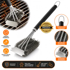 Escova Limpa Churrasqueira Grill 3 em 1 Aço Inox Cabo Longo Resistente Prática