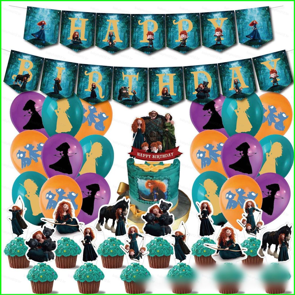 BB12 Pixar Brave Merida Princesa Tema Feliz Aniversário Festa Decoração Cartão Bolo Topper Balão Banner Precisa