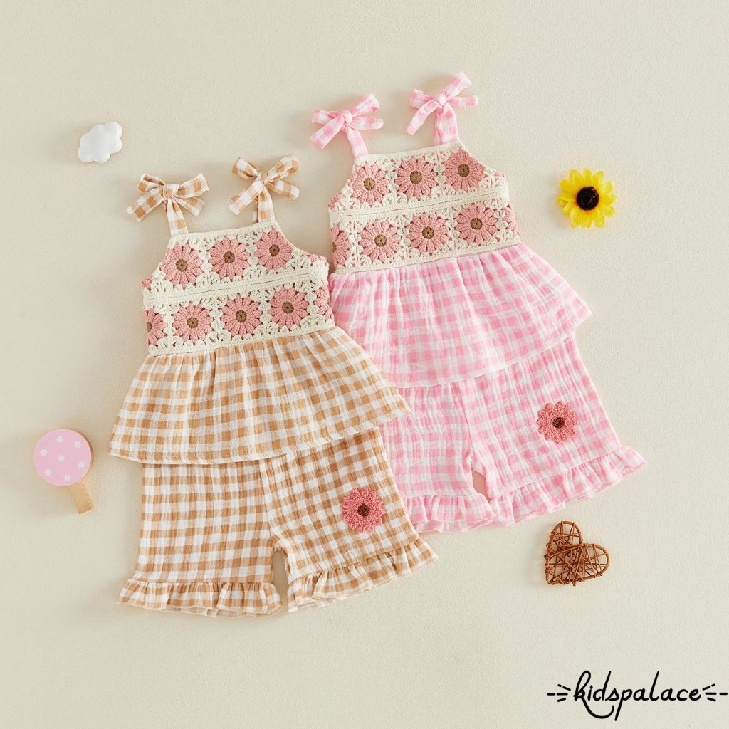 Conjunto De 2 Peças De Roupas De Verão Para Bebês Meninas , Sem Mangas , Estampa Xadrez , Regata + Shorts , Infantis