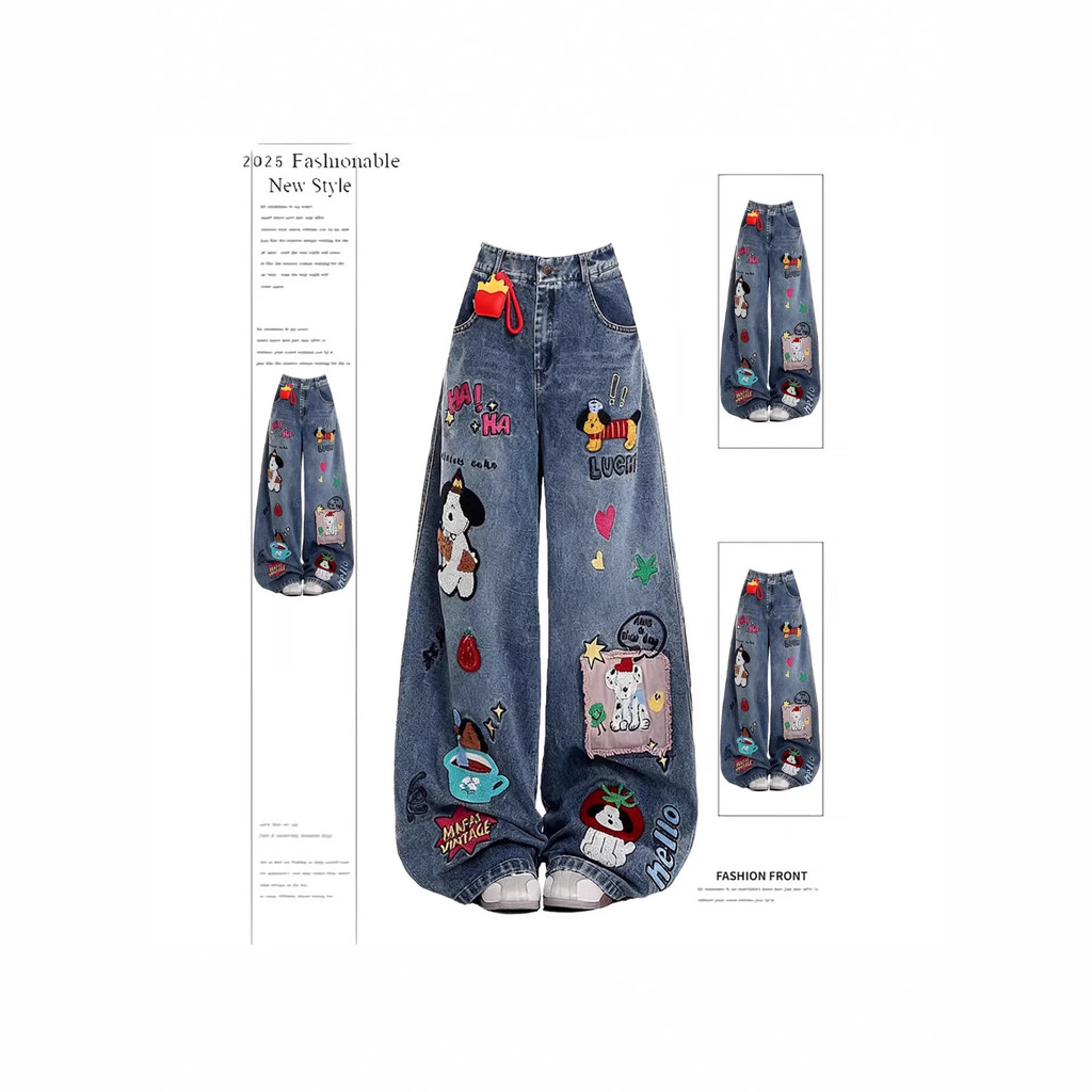 Jeans De Perna Larga Bordados De Desenhos Animados Femininos , Calças Largas De Cintura Alta Vintage Y2K Streetwear Reta