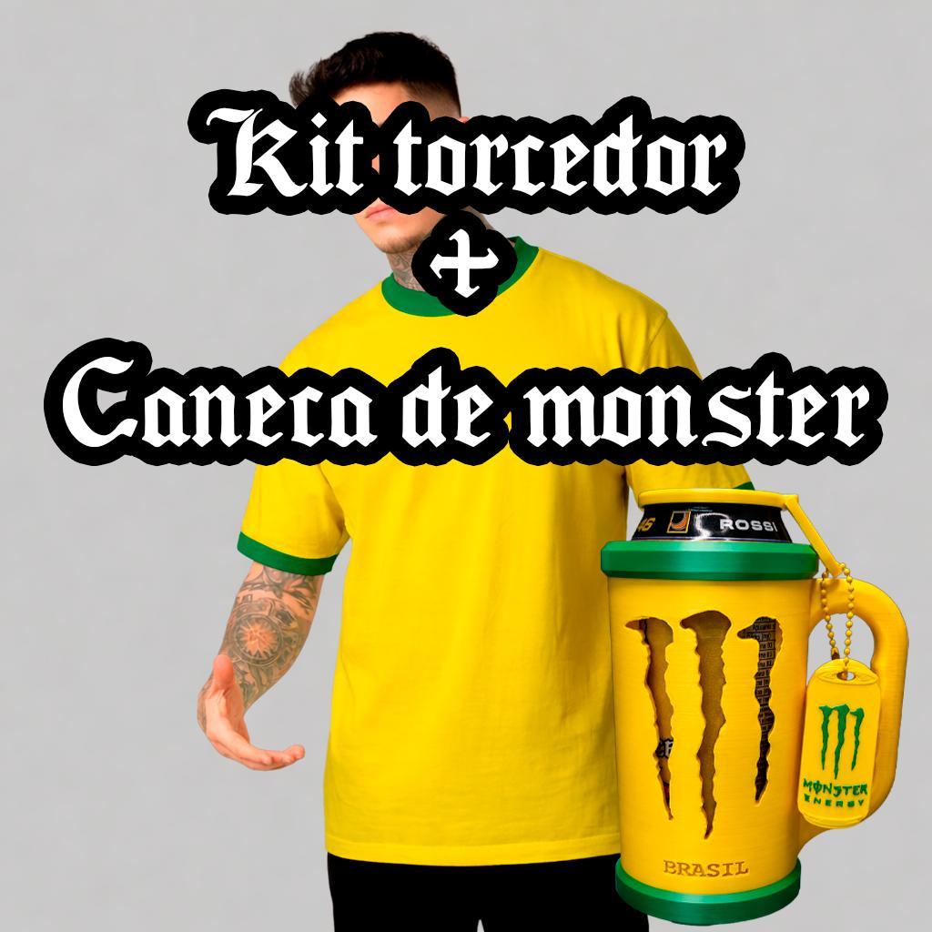 Camiseta de torcedor do brasil com simbolo em alto relevo + caneca de monster do torcedor