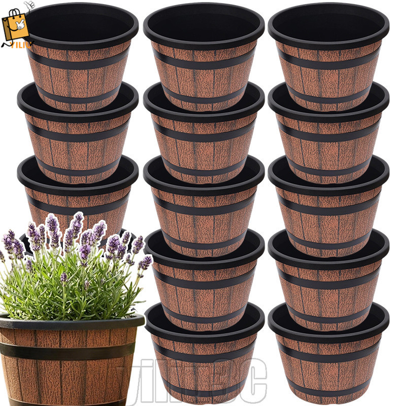 [Prim] Vaso De Flores De Imitação De Barril De Madeira De 3-1 Unidade-Decoração De Quintal De Jardim-Recipiente De Plant