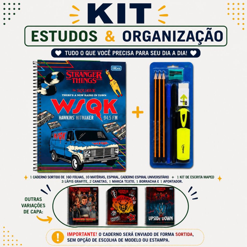 Kit Caderno 10M 160F Stranger Things Sortido + Kit Escrita