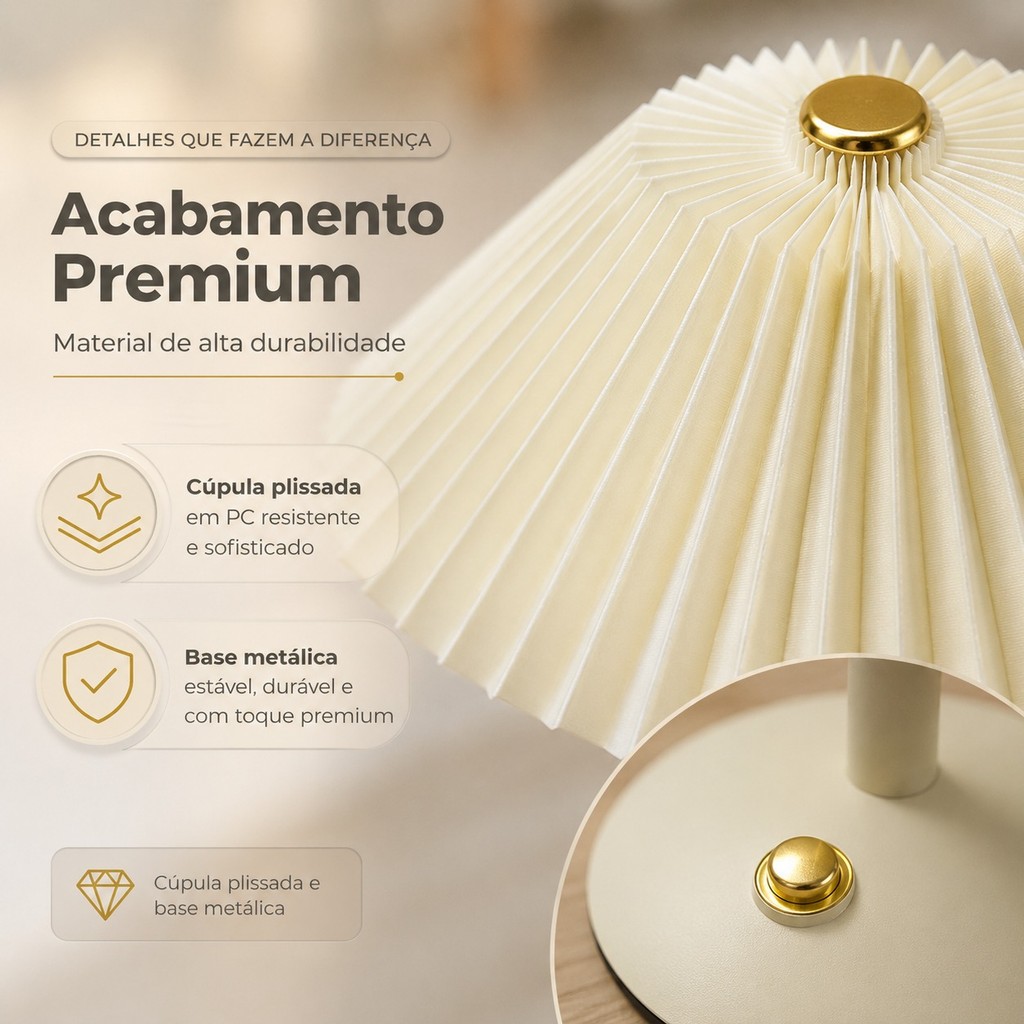 Abajur de Mesa Plissado LED 3 Cores Minimalista Creme — foto 3
