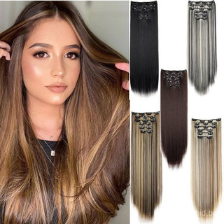 Extensões De Cabelo Preto Sintético Longo E Reto De 24 Polegadas 140g-6pcs Clip-In Ombre Resistente Ao Calor