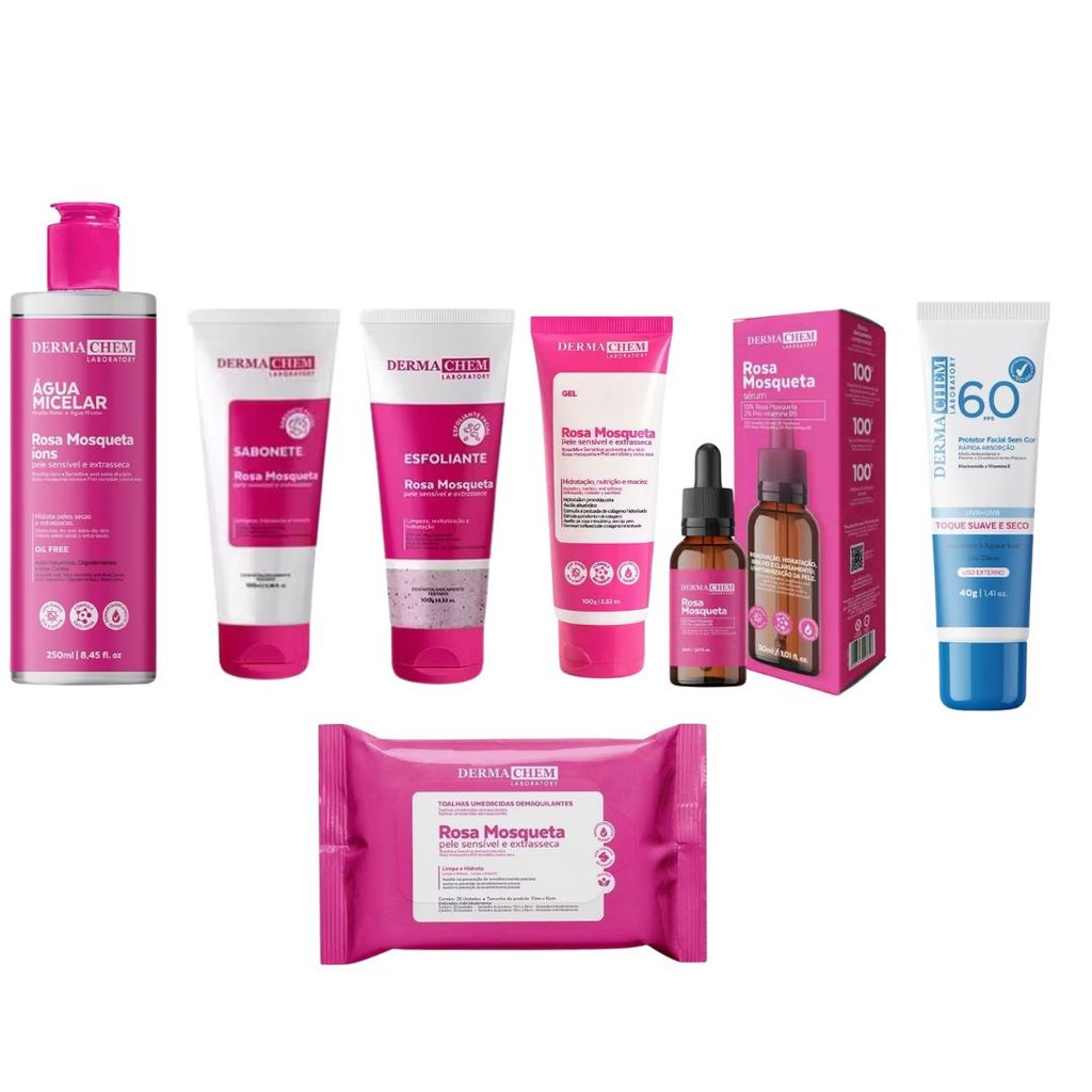 Kit Skincare Serum Gel Facial Esfoliante Sabonete Rosa Mosqueta Clareador Facial Dermachem Original