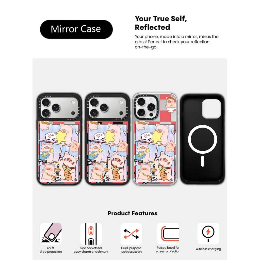 CASECASE X Lucky Lulu Pig Capa Preta E Prateada Espelhada Com Sucção Magnética Para IPhone 17 Air 16 15 14 13 12 Pro Max