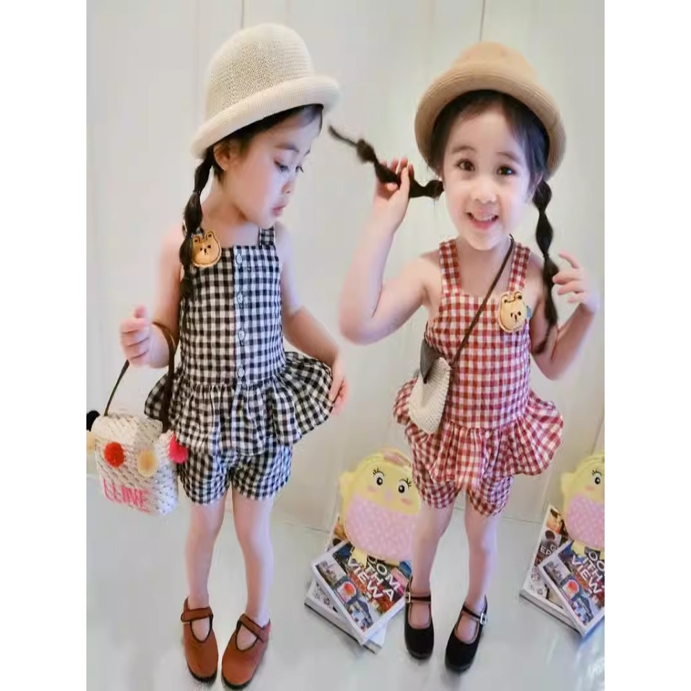 Meninas ternos de verão 2026 novo estilo roupas infantis versão coreana moda suspensórios infantis Shorts meninas bebê e