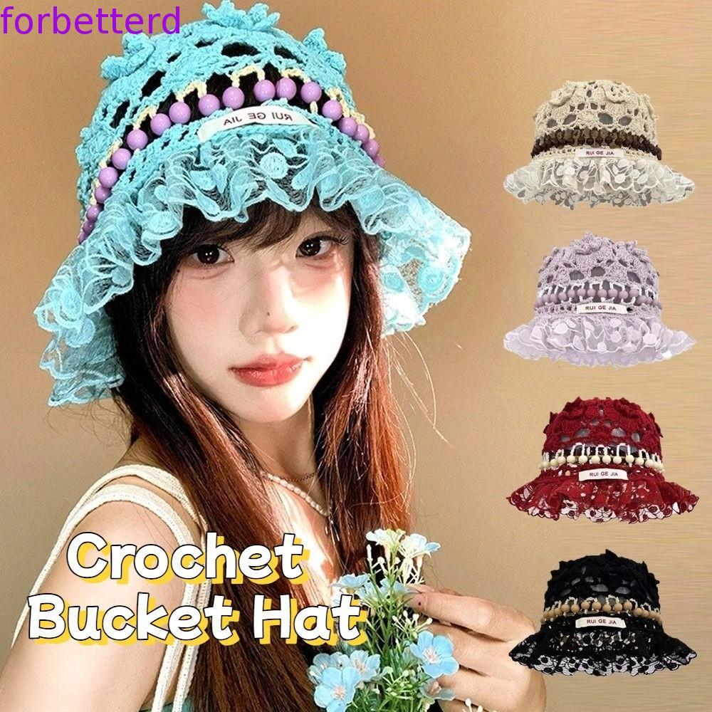 Chapéu Balde De Crochê FORBETTERD , De Malha Feito À Mão Com Contas De Verão , Bonés De Bacia Ocos Babados E Flores