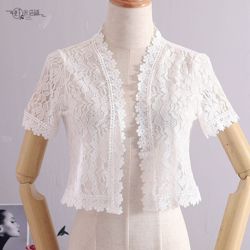 Novo Bolero Feminino de Verão Branco e Preto com Manga Curta, Véu de Noiva de Renda, Xales para Vestidos de Festa Formai