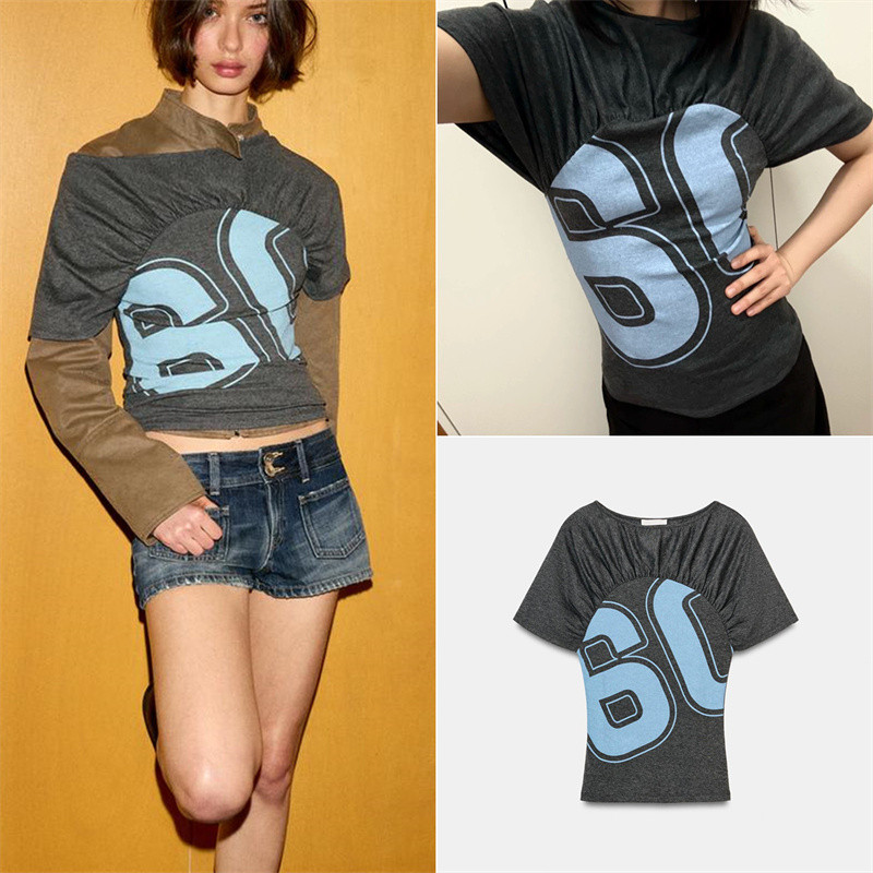 Primavera verão novos produtos estilo Casual feminino All-Match moda manga curta em torno do pescoço plissado Digital im