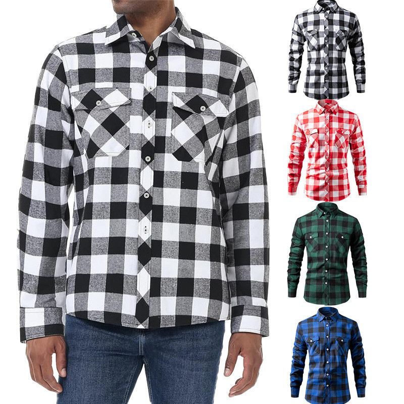 Camisa xadrez escovada de venda quente tamanho masculino capa de bolso duplo camisa masculina xadrez jaqueta Casual masc