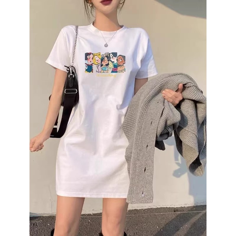 Camiseta de algodão puro vestido branco genuíno ombro topo de comprimento médio de manga curta feminino cobrindo bunda B