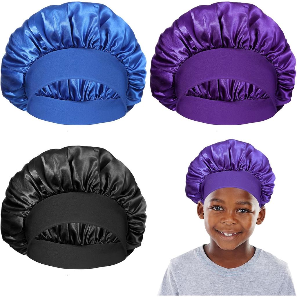 3 peças de toucas infantis para meninos, touca de dormir de cetim de seda para cabelos cacheados, touca de dormir com fa