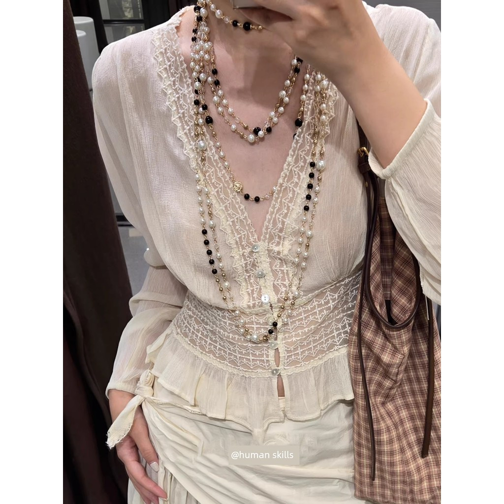 colar femenino colar aço inoxidável Xiaoxiang estilo ~ estilo francês empilhado colar de pérolas de camada dupla femin