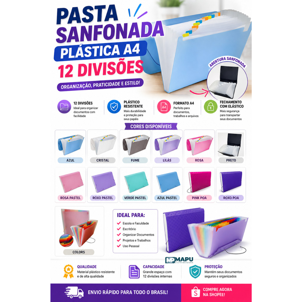 Pasta Sanfonada A4 Organizadora com Divisórias / Diversas Cores - ACP/DAC