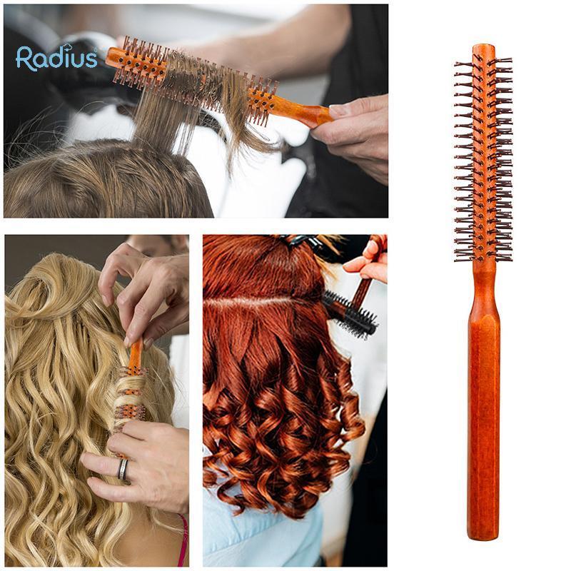 Pente De Cabelo Encaracolado De Madeira Com Cerdas De Raio , Escova De Rolamento De Javali Natural , Barril Redondo Enca