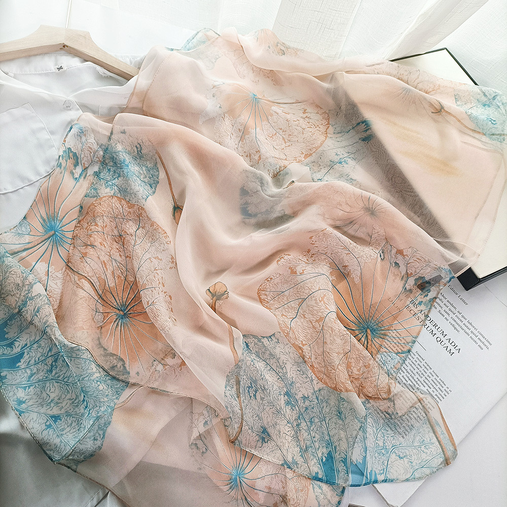 Lenço de seda feminino primavera verão estilo mãe Chiffon impressão estilo cachecol estilo longo lótus decoração de meia