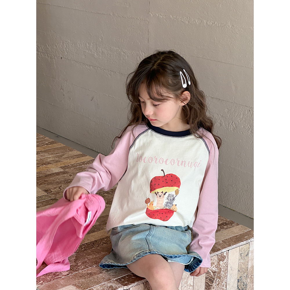 Beifu meninas primavera outono roupas dos desenhos animados cor combinando puro algodão manga comprida camiseta crianças