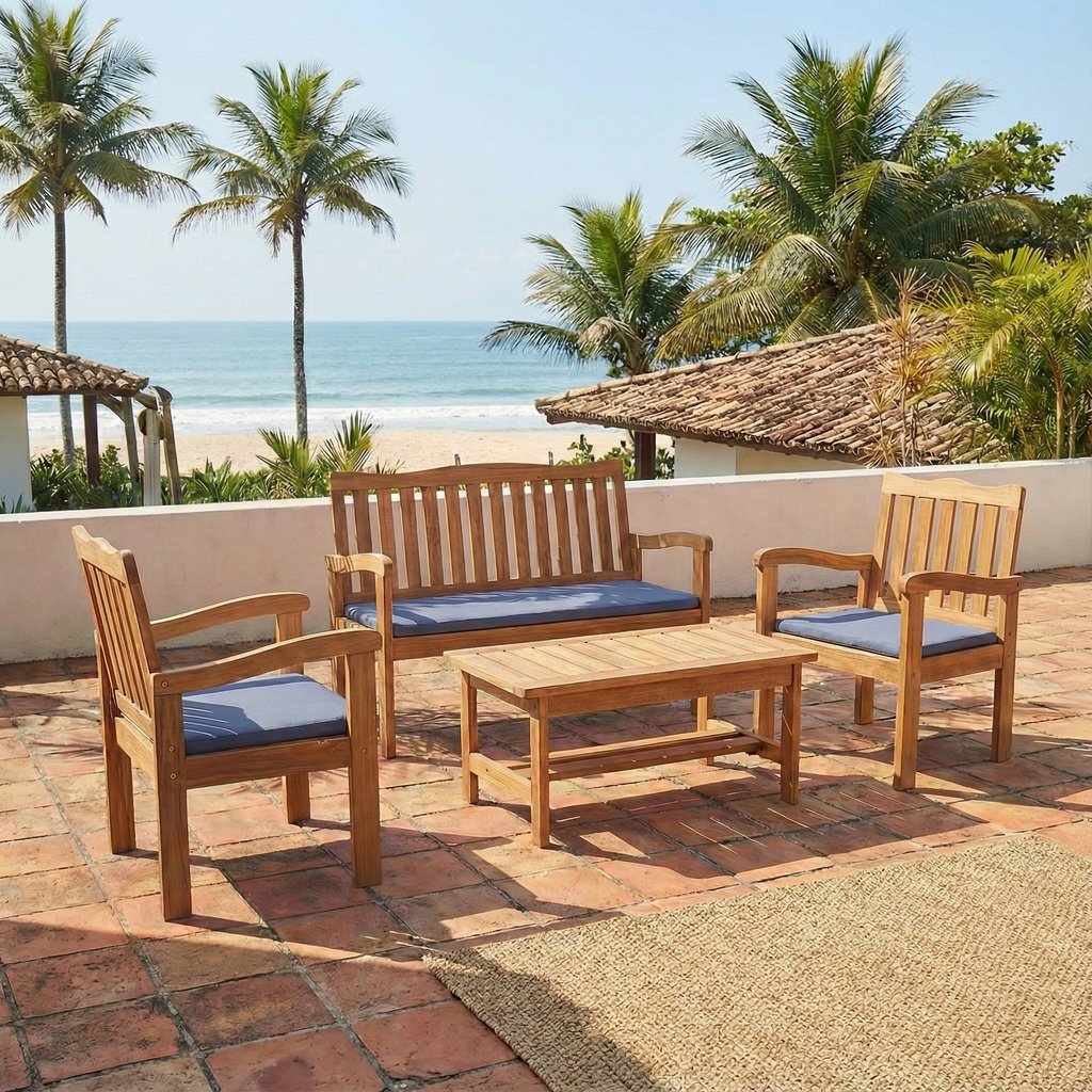 Conjunto para Jardim de Madeira Eucalipto 4 Peças Estofado Nature Yescasa Nature/Azul