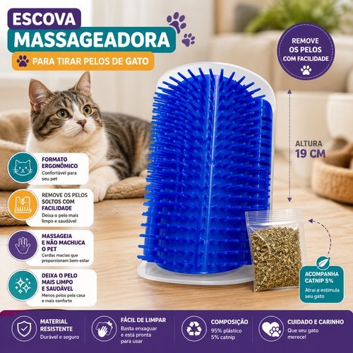 Escova Massageadora Azul Catnip Estimulante Relaxante Facil Uso Saude Felina