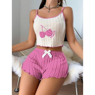 2026 verão novo estilo europeu americano loungewear padrão cereja contraste cor loungewear escovado camisola Shorts tern