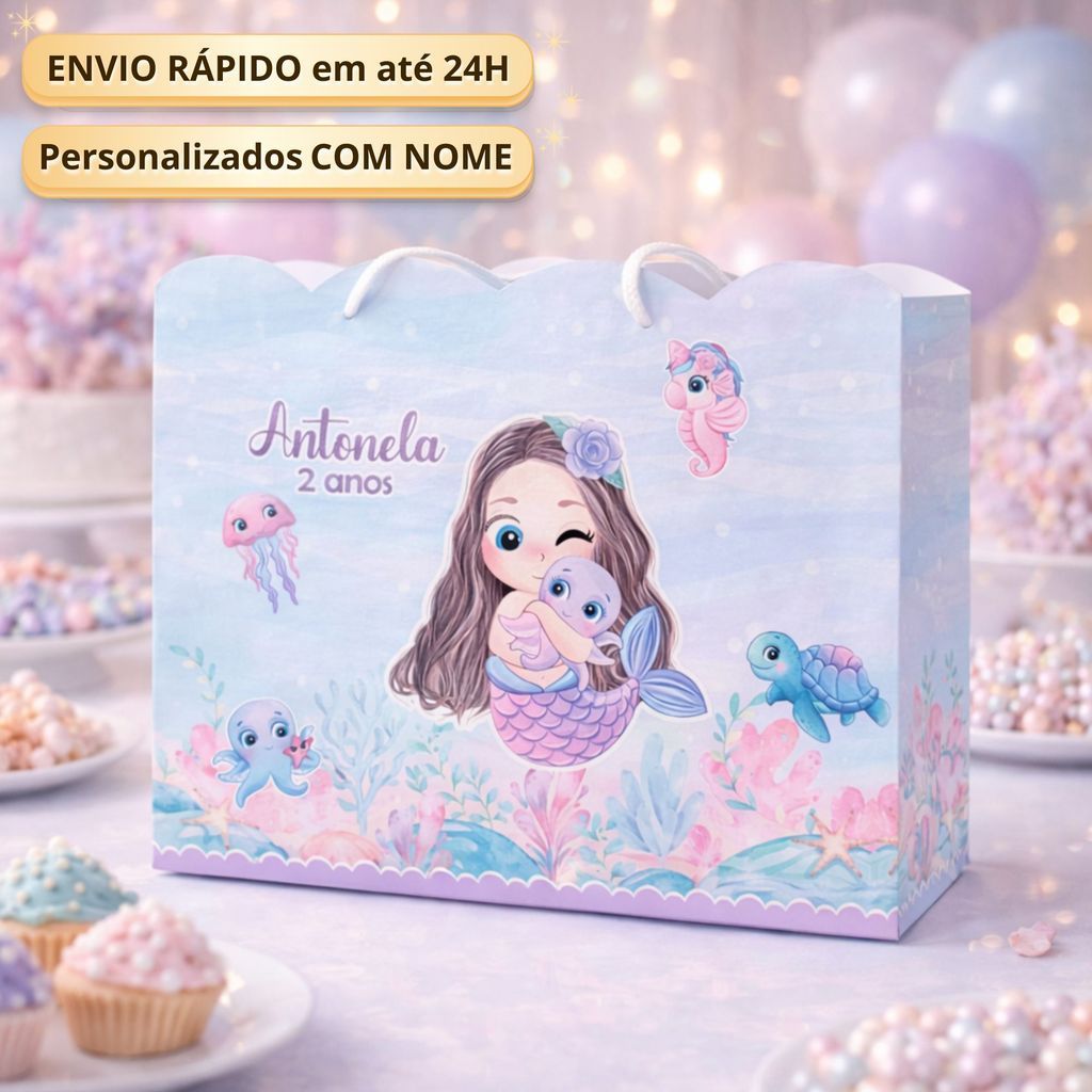 Sacolinha G Sereia Cute Aquarela Pegue Monte  Caixinha Lembrancinha Kit Festa Luxo Sacolinha Grande