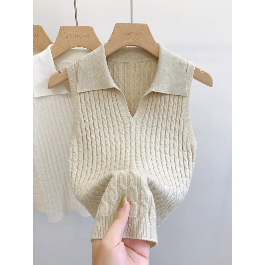 High-End torção malha pequena estilingue verão gelo seda polo colarinho colete feminino requintado Super bonito sem mang