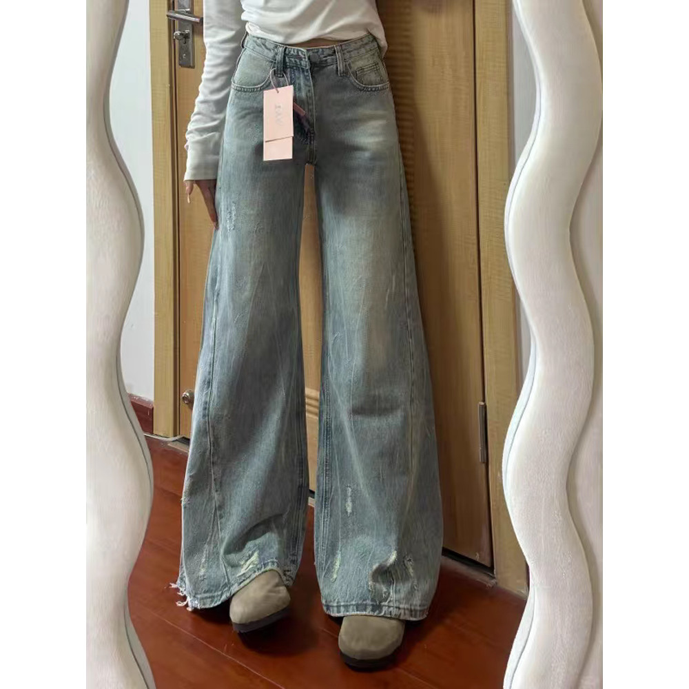 145 pequeno americano Retro rasgado calças de perna larga feminino outono cintura alta solto mais magro olhar Drape calç