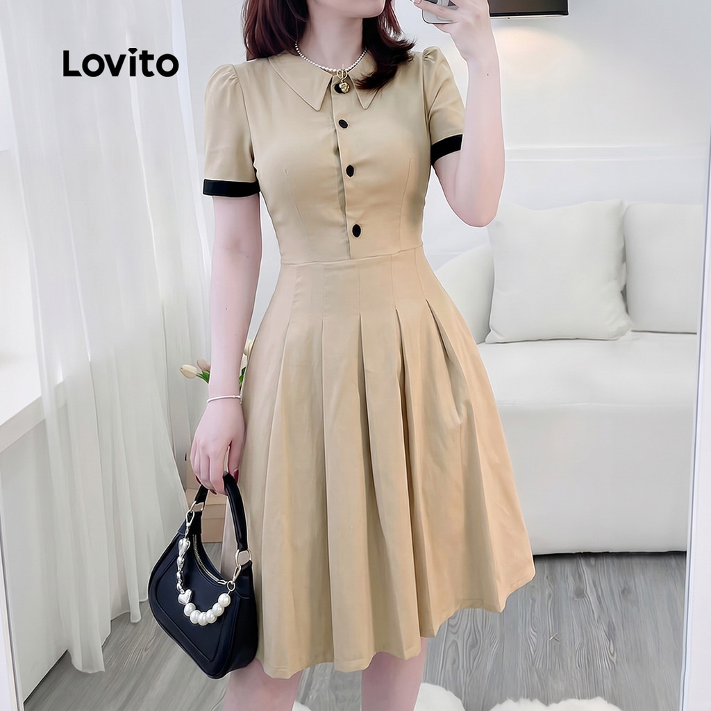 Lovito Vestido Casual com Botões Frente Colorido Pregueado Primavera/verão Cáqui para Mulheres LK5ED146 · foto 2