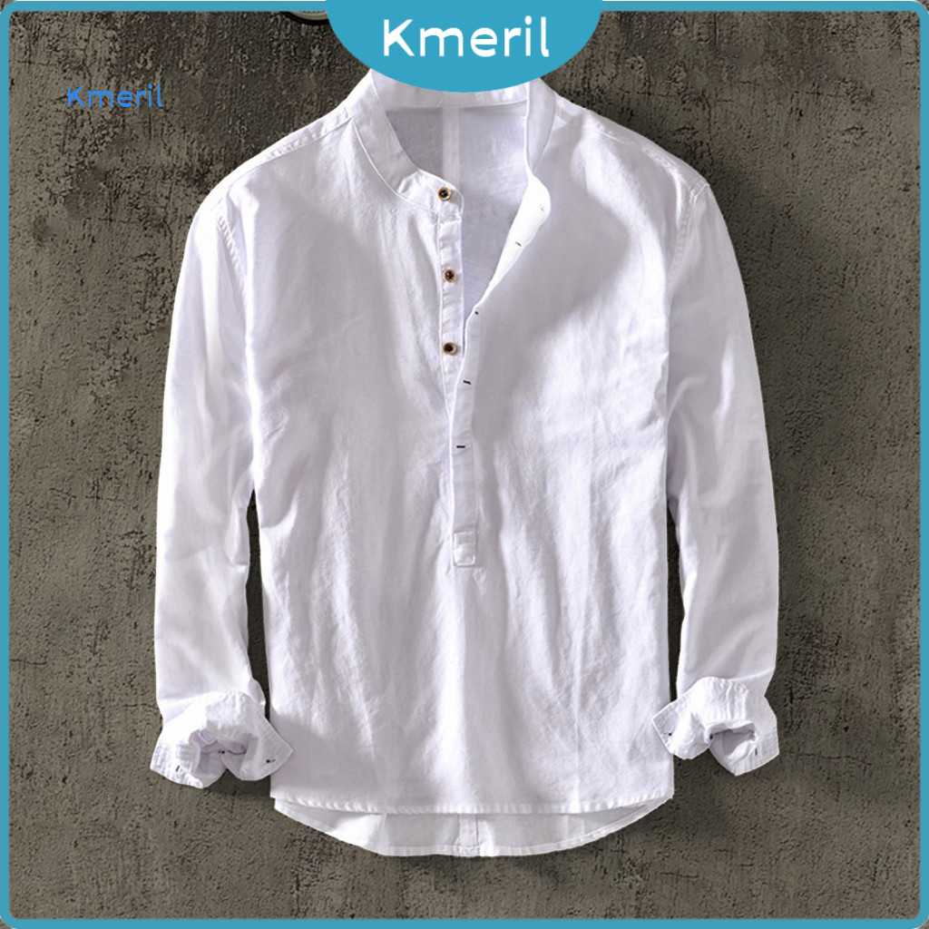 Men Regular Fit Shirt Solid Color Casual Men's Slim Stand Collar Half Single-breasted Long Sleeve Pullover Office Daily