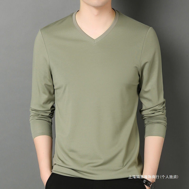 Mulberry seda gelo camiseta masculina com decote em v manga comprida meia-idade seda gelo primavera outono estilo fino r