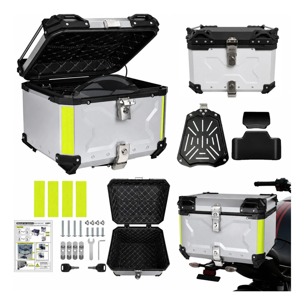 Baú Bauleto 55 Litros Cor Aluminio Base Universal Todas As Motos com Encosto Suporte para 2 Capacetes