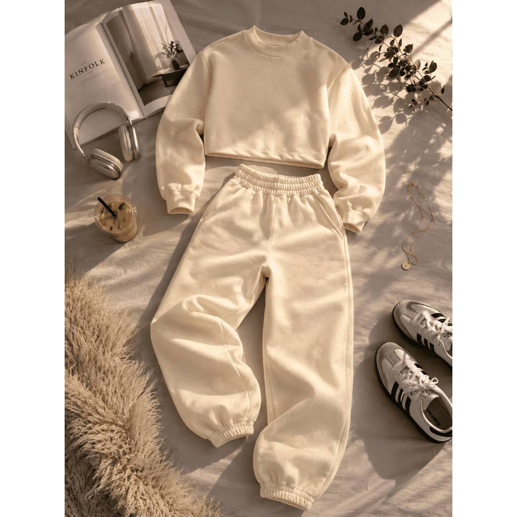 Conjunto Moletom Feminino Blusa de Frio + Calça Jogger Flanelado Premium Off White