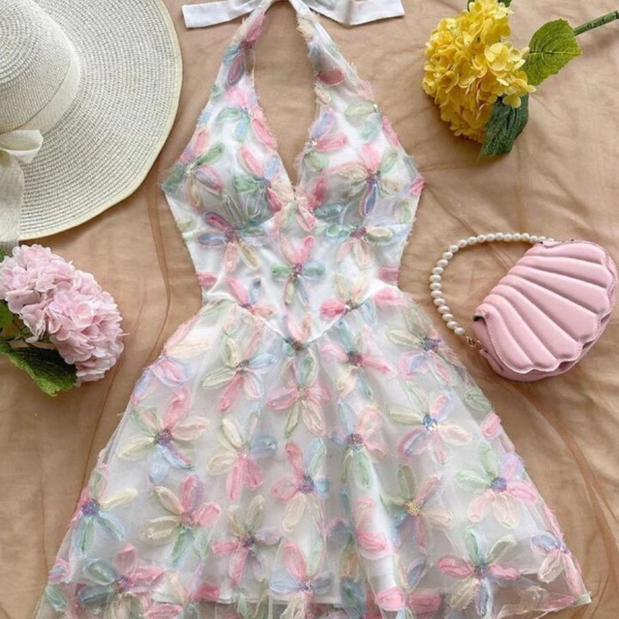 Vestido Curto Rodado Floral Flores Romântico Paêtes Brilho Festa Debutante 15 anos Formatura Princesa Multicor SH D439