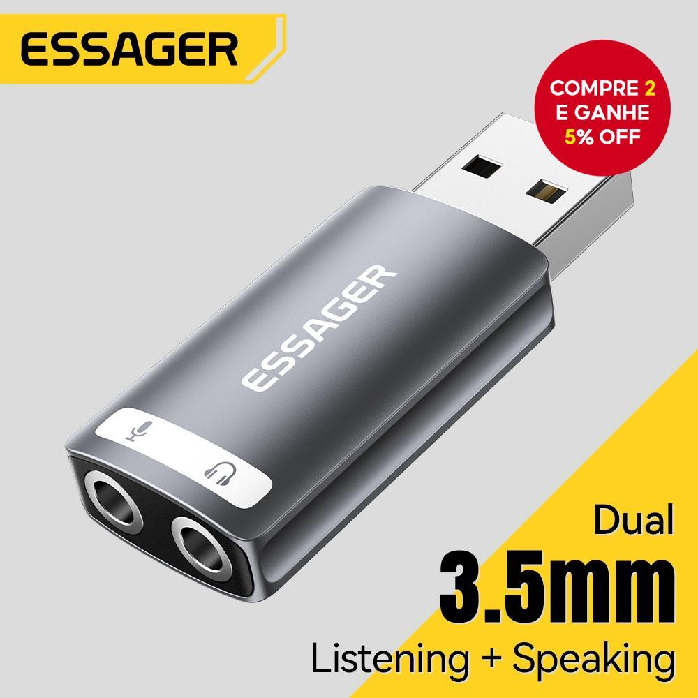 Essager Placa de Som 3,5 mm USB Conversor Externo Adaptador de Áudio com Driver Grátis para Fone de Ouvido Microfone