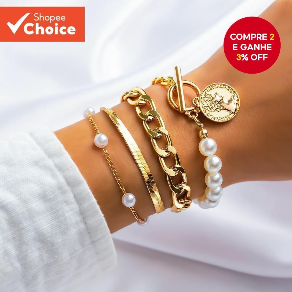 Conjunto De Pulseiras De Corrente Grossa Separável Com Imitação De Pérolas Para Mulheres , Pingente De Moeda Da Moda , C