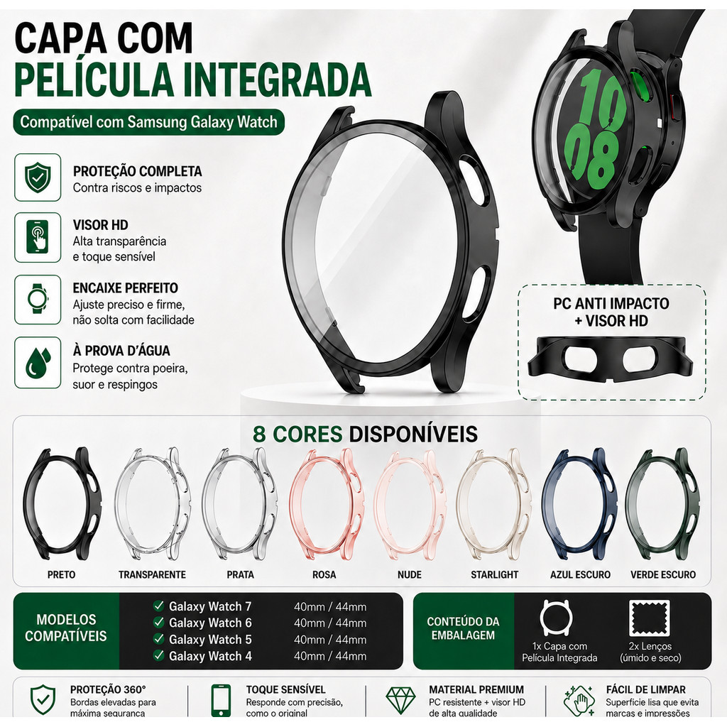Capa com Vidro Temperado para Samsung Galaxy Watch 4 5 6 7 40mm 44mm Proteção …