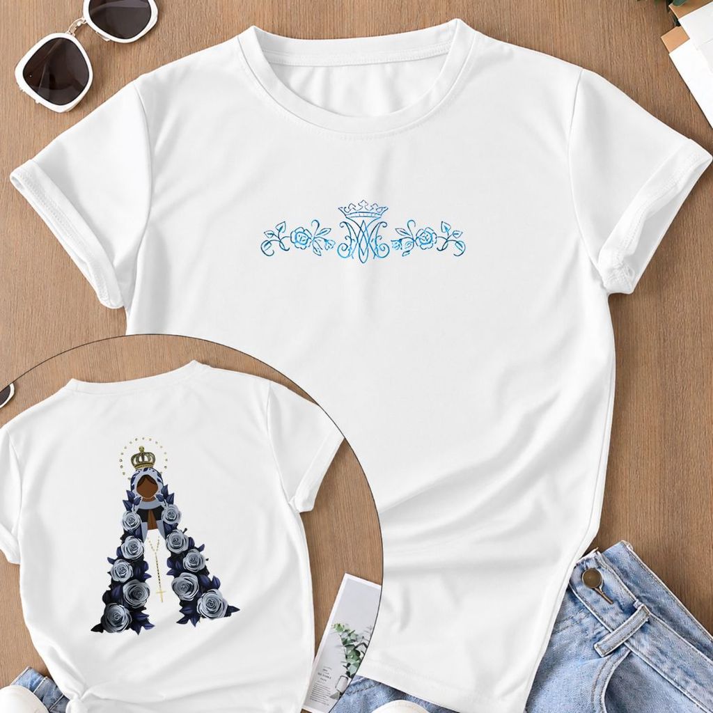 Camiseta Nossa Senhora Aparecida Flores Azuis Cristã Católica Religiosa Fé Padroeira do Brasil Feminina Unissex Premium