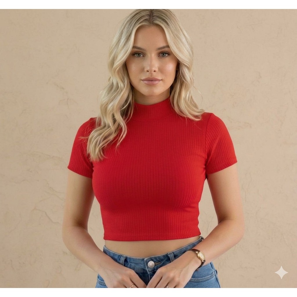 blusa cropped feminino gola alta manga curta canelado justinha elastano perfeito pratica