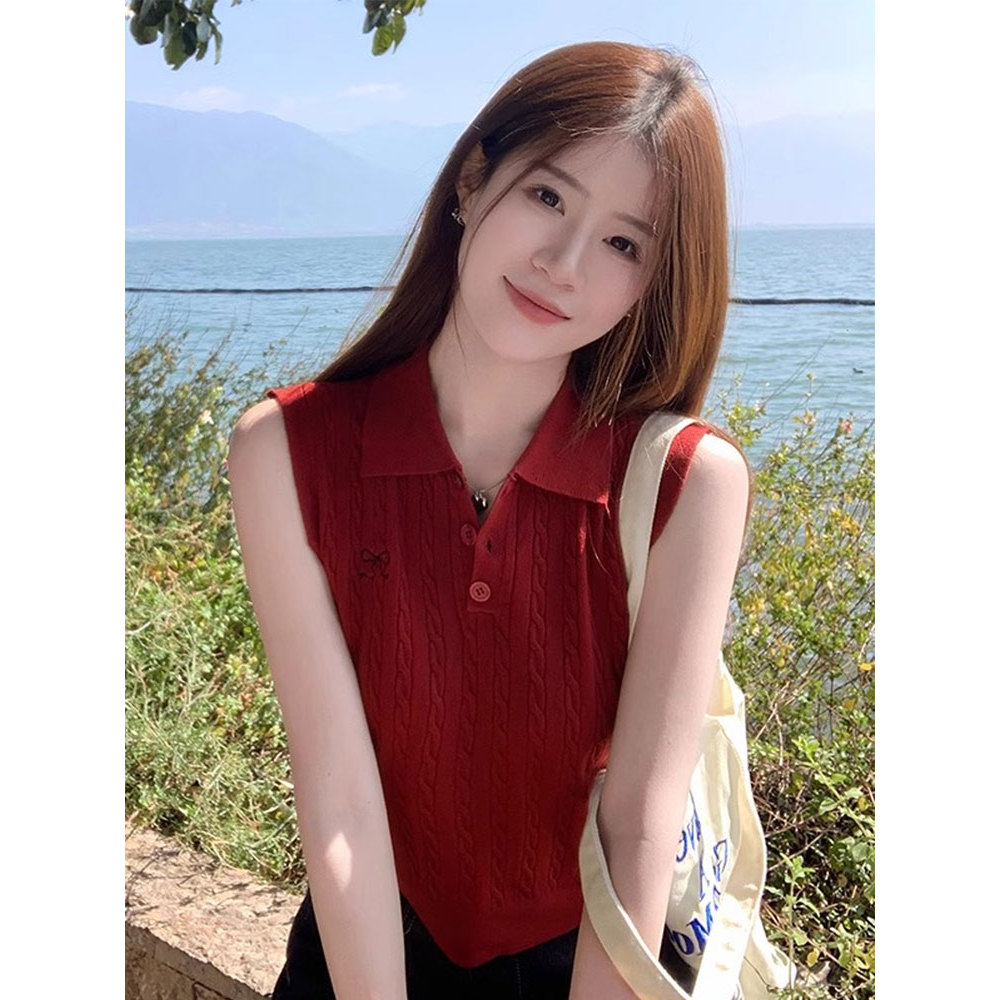 Sem mangas colete de malha gola Polo curto camisa de fundo feminino verão exterior usar camisa pequena Commuter mais mag
