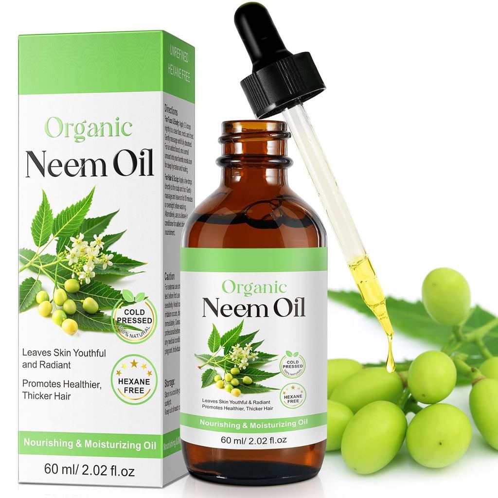 Óleo de Neem para a Pele, Puro e Natural, Prensado a Frio, Livre de Hexano, Nutre a Pele e o Cabelo, Reduz Linhas Finas,
